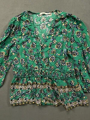Miami Shirt Womens M Med Green Floral Peplum Button Up Top Blouse Ladies • $12.59
