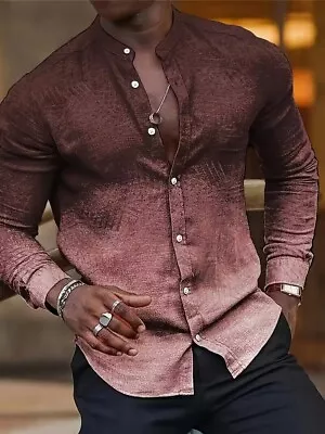 Button Up Brown Shirt Mens Long Sleeve Gradient Classic Casual Dress Breathable • $29.98