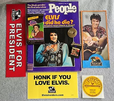 Elvis Presley 8Item Lot Memorabilia People Mag Jan1980 Lapel Pins Stickers Cards • $16.99