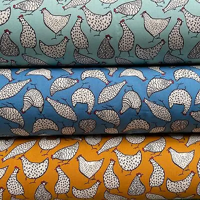 Rose & Hubble Chickens Ochre Copen Duck Egg 100% Cotton Fabric Half Or  Metres • £0.99