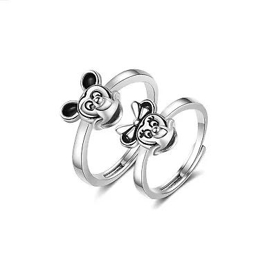 Disney Mickey Mouse Silver White Gold GP Adjustable Couple Pair Love Heart Ring • $8.99