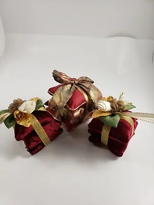 Vintage Victorian  Fabric Burgundy & Gold Christmas Ornaments 3 Stacking Pillows • $13.99