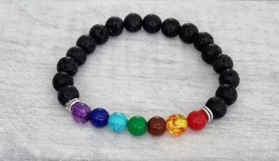 7 Chakras Bracelet Gemstone Lava Bracelet Jewellery Black Spiritual Yoga A322 • £5.75