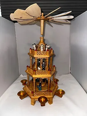 Vintage Christmas Nativity 3-Tier Wooden Windmill Candle Holder Carousel W/Box • $65.99