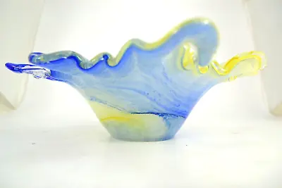 Lavorazione Arte Murano Blue Yellow Swirl Hand Blown Glass Bowl Dish Glass Italy • $55