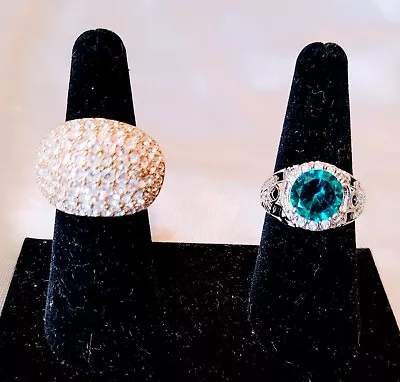 Lot 2 Vintage Gold & Silver-plated Ladies Pave'  Teal Rhinestone Rings S 7.5 & 8 • $12.95