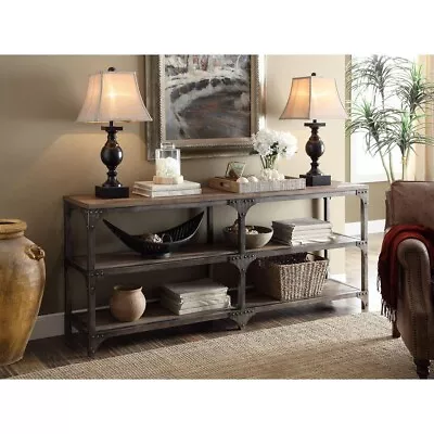 Industrial Style 3-Tier Weathered Oak & Antique Silver Metal Frame Console Table • $624.99