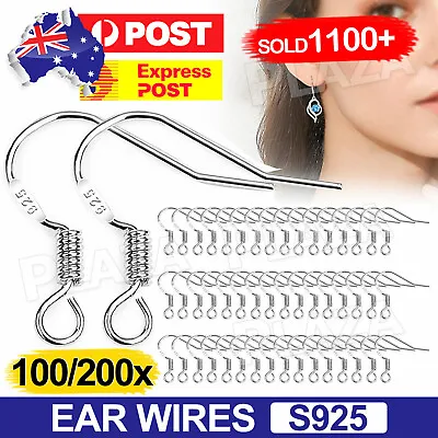 100/200pcs 925 Silver Earring Hooks Hook Hypoallergenic Ear Wire DIY Earrings • $6.85