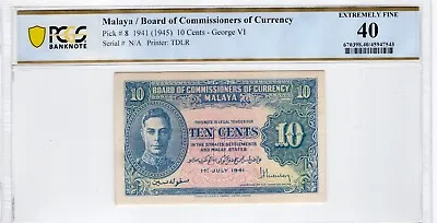 Malaya 1941 10 Cents PCGS Certified Banknote XF 40 Pick 8 • $49.99