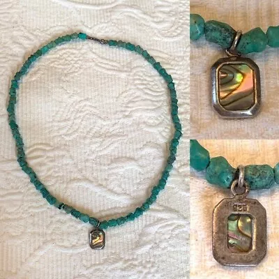 Vintage Genuine Turquoise & Silver Abalone Necklace Semiprecious Stones 925 • $42