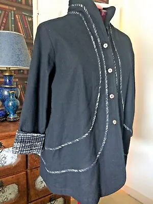 LYON CHOY LONDON Designer LINEN JACKET Nehru Style BLACK With Trim UK 12/14 • £59.99