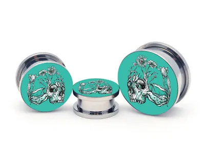 Pair Of Steel Screw On Flower Skull Picture Plugs (PIC-103) Gauges Tunnels  • $12.49