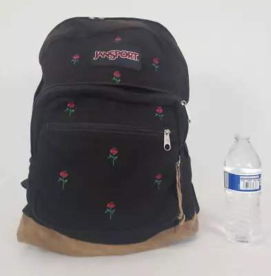 Jansport Vintage Leather Suede Bottom Backpack Stitched Roses Flower Black Book • $35