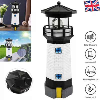 Solar Garden Ornament Led Powered Lighthouse Rotating Light House Outdoor Decor • £14.28