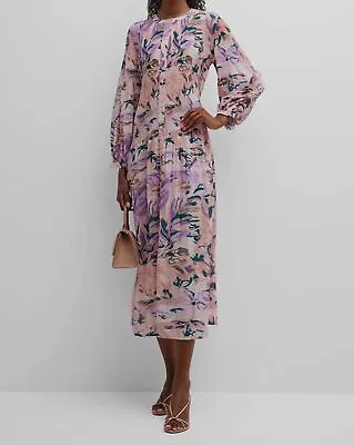 $398 Misook Women's Pink Pleated Crepe De Chine Floral-Print Maxi Dress Size S • $127.58