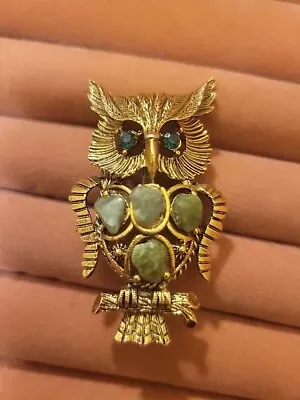 Vintage Owl Brooch With Green Stones And Green Rhinestones Gold Tone. • $10