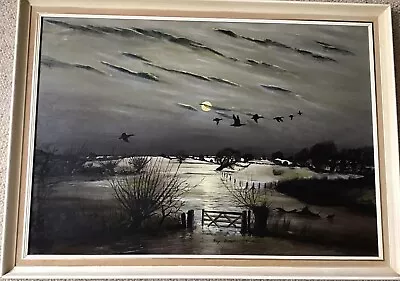 Artist Roy Didwell Large Framed Oil On Board Ducks On Wing Dusk Wetlands Cambs • £37