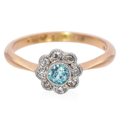 Antique A H Signed 18K Yellow Gold & Platinum Blue Zircon & Diamond Ring Size 6 • $695