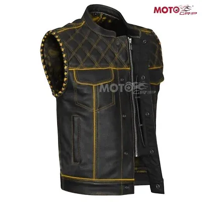 Men's Black Leather Vest Diamond Motorbike Motorcycle Concealed Yelow Waistcoat • $37.59