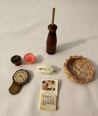 Vtg Miniatures Dollhouse Lot Butter Churn Basket Telephone Clock 1977 Calendar • $30.99