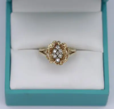 14K Yellow Gold VINTAGE 0.12 CTW Diamond Flower Cocktail Ring Size 6.5 • $350