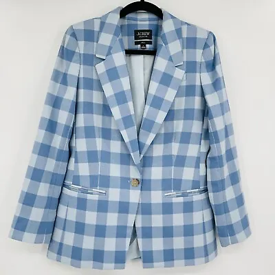 J. Crew Womens Jacket Blue Sz 4 Willa Gingham Plaid Wool Blend One Button Blazer • $185