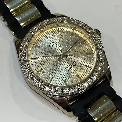 Techno Pave Quartz Watch 45mm Case Crystal Bezel Gold Tone Black Band Runs Great • $15.60