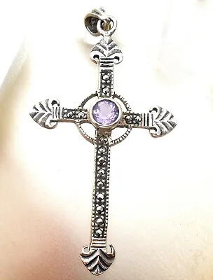 Amethyst Cross Pendant Sterling Silver For Necklace Vintage Marcasite Jewelry • $39