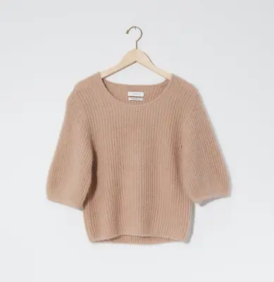 Amomento Womens Kid Mohair Wool Half Sleeve Pullover Tan Sweater Size 2 Medium • $74.99