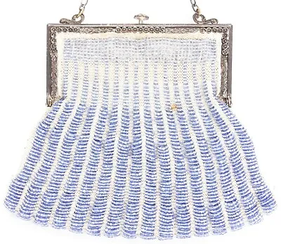 Antique Vintage Blue Beaded Purse Top Push Button Release Wrist Bag Old • $32.49