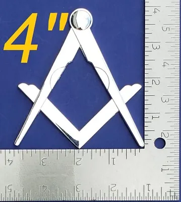 Masonic Master Mason Square & Compass 4  XL Cut Out Car Auto Emblem Silver Metal • $29.99