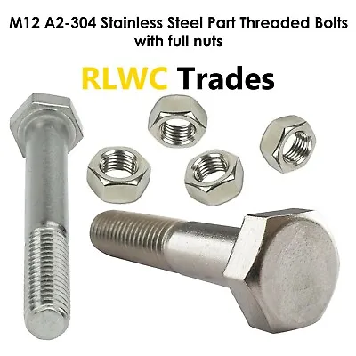 M12 (12mm) A2-304 PART THREADED BOLTS AND FULL NUTS STAINLESS STEEL DIN 931 • £5.68