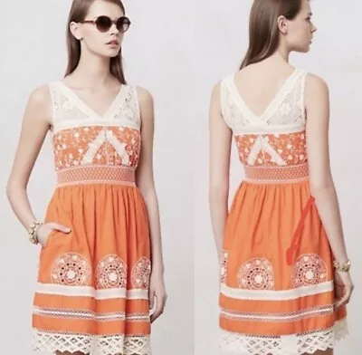 Anthropologie Moulinette Soeurs Orange Cream Aniko V-Neck Lace Dress Size 10 • $44.99