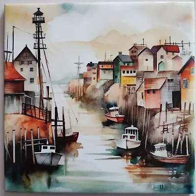 Ceramic Tile Picture Tile Photo Art Tile Watercolour Fishing Boats Harbour Decor • £19.99