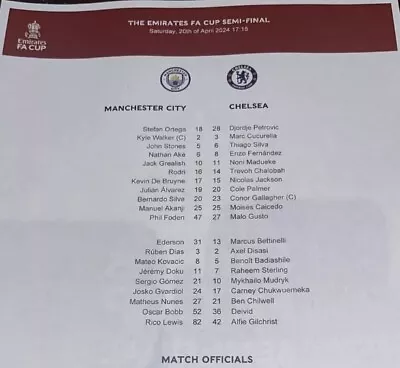 COLOUR TEAMSHEET FA CUP SEMI-FINAL 20/4/2024 CHELSEA V MANCHESTER CITY UNFOLDED • £5.99