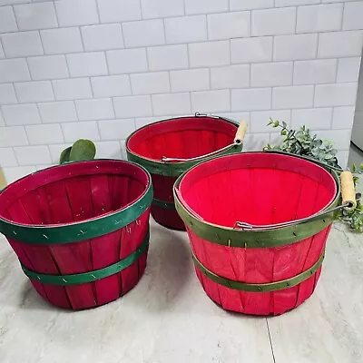 Vintage Basket Set 3 Red Garden Produce  Shaved Green Banded Woven Wood 8.5x6” • $36.79