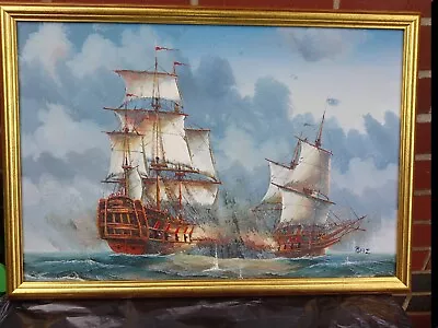 Painting  Of A Battle Between  Galleon  Ships • £60