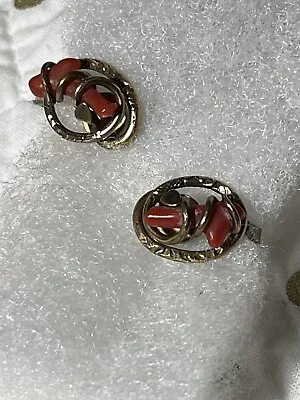 Vintage Branch Coral Wrapped With Gold Filled Swirls Clasp Closure Earrings • $26