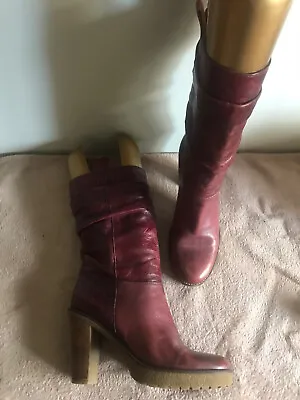 Kennel & Schmenger Maroon Leather Slouch Boots Block Heel Platform 7 40 Ex/Cond • £27