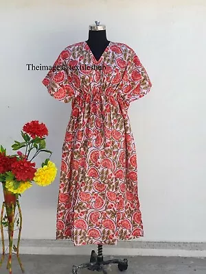 $39.63 • Buy Red Floral Kimono Caftan Dress Beach, Night Gown, Maxi Dressing Indian Caftan AU