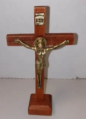 Vintage Standing Wooden Crucifix Metal Jesus Sacred Heart League Religious 4  • $9.88
