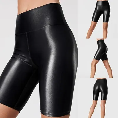 Women's Wet Look PU Leather Cycling Shorts Yoga Clubwear Stretch Hot Pants • £9.06