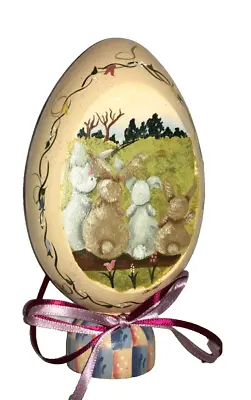 Vintage Hand Painted  Wood Egg EASTER Bunny & Chick Folk Art Ornament Fast Ship • $9.99