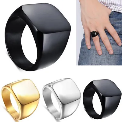 Mens Polished Stainless Steel Band Biker Signet Ring Black Silver Gold Size 7-12 • £2.99