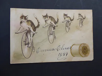 J & P Coats Cotton Anthropomorphic Cats On Penny Farthings Emma Elmer Trade Card • £35