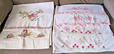 Lot 2 Pair And 2 Singles Hand Embroidered Vintage Pillowcases Hand Crocheted • $9.99