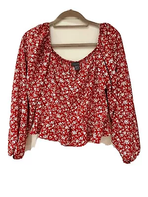 £14 • Buy Peasant Milk Maid Puff Long Sleeves Red & White Floral Print Top