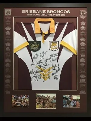 $595 • Buy Blazed In Glory - Brisbane Broncos 1998 Inaugural Premiers Signed Nrl Jersey