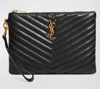 NEW YSL Saint Laurent Black Quilted Leather Purse Clutch Wristlet Bag Box! • $1080.20