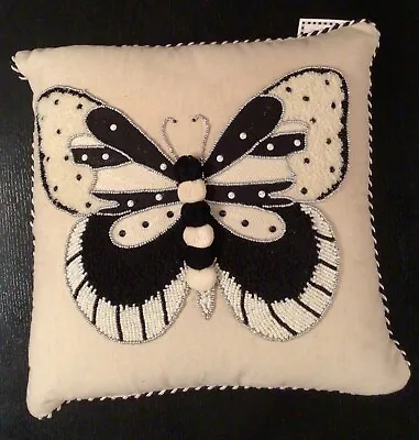 MacKenzie-Childs Butterfly Pillow Black & White Pom Poms Beaded NEW W Tag • $85